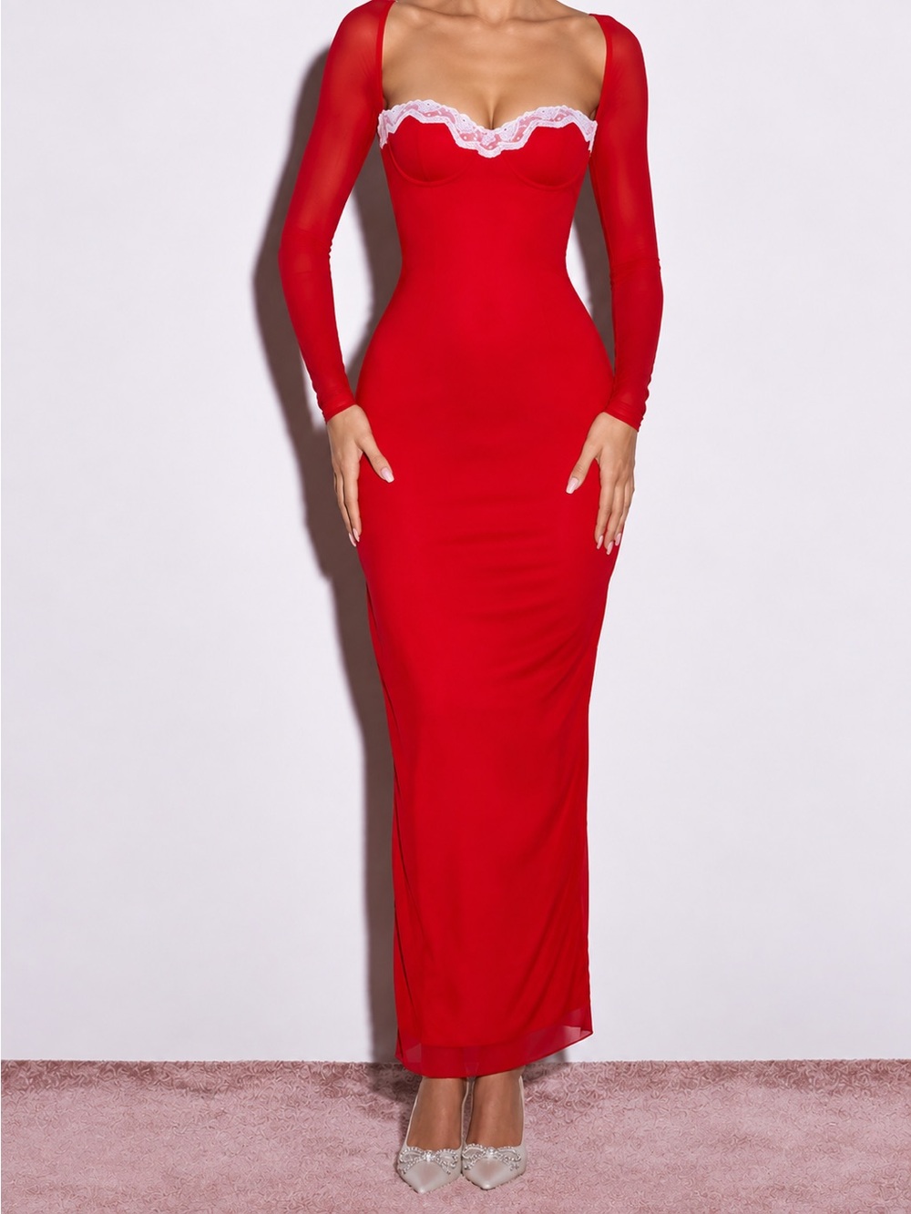 Red Long Sleeve Lace-Trim Bodycon Dress - Women